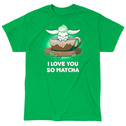 Classic Cotton T-shirt_Teeturtle I Love You So Matcha Irish green t-shirt featuring a cute little white-furred bunny peeking out of a cup of Matcha Tea with 'I Love You So Matcha' beneath.