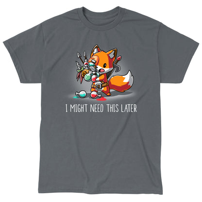 Classic Cotton T-shirt_TeeTurtle I Might Need This Later charcoal featuring a fantasy fox carrying multiple potions and arrows