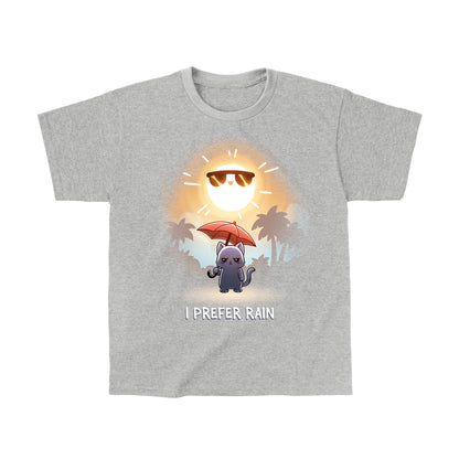 Classic Cotton T-shirt_TeeTurtle heather gray I Prefer Rain featuring a grumpy cat holding an umbrella with the sun shining overhead.