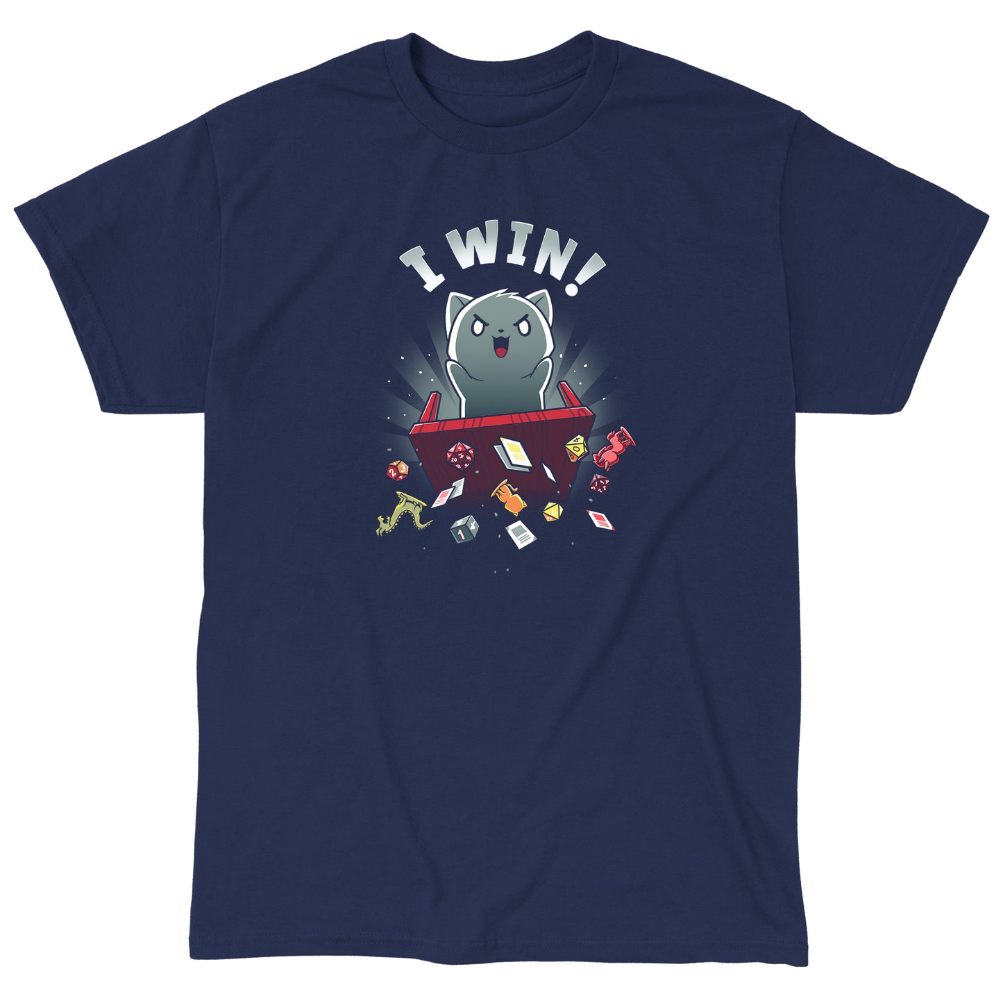 Classic Cotton T-shirt_Teeturtle I Win! navy blue t-shirt featuring a gray cat flipping a tabletop game table, sending cards, tabletop figures and dice flying with the words "I Win!" above its head.