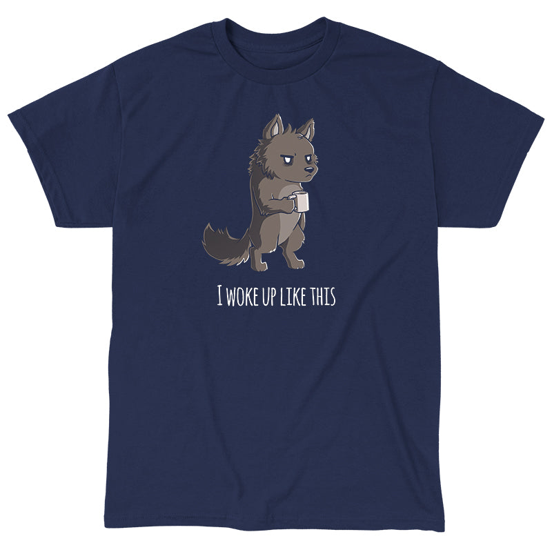 Classic Cotton T-shirt_TeeTurtle navy blue I Woke Up Like This. Featuring a grumpy werewolf holding a cup of coffee.