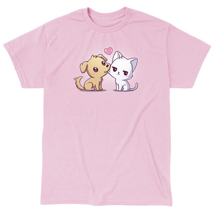 Classic Cotton T-shirt_TeeTurtle light pink I Woof You apparel featuring a dog tugging on a grumpy cat's cheek with its mouth.