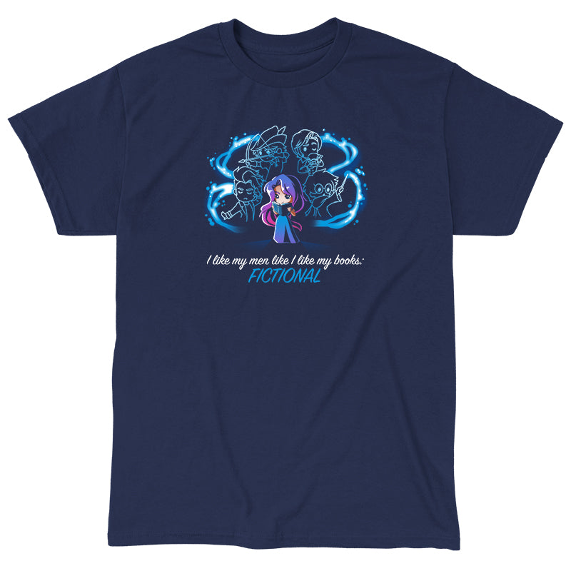 Classic Cotton T-shirt_TeeTurtle navy blue I <3 Fictional Men. Featuring a girl reading surrounded by specters of famous male book love interests.