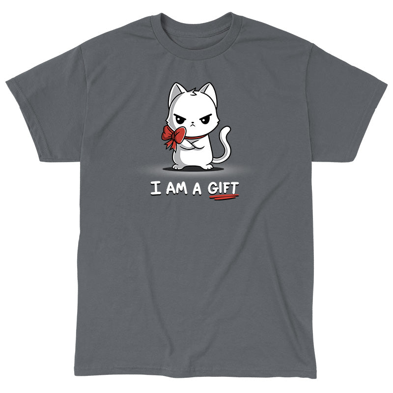 Classic Cotton T-shirt_TeeTurtle I Am a Gift charcoal gray t-shirt featuring an annoyed white cat with a red bow around its neck. The text below reads "I AM A GIFT."