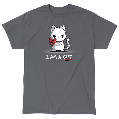 Classic Cotton T-shirt_TeeTurtle I Am a Gift charcoal gray t-shirt featuring an annoyed white cat with a red bow around its neck. The text below reads "I AM A GIFT."