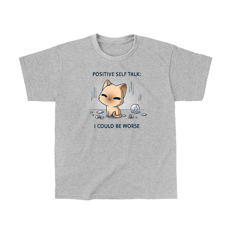 Kids' Classic T-Shirt_TeeTurtle light gray I Could Be Worse Kids' Classic T-Shirt featuring a content orange cat sitting beside a shattered vase with the text "Positive Self Talk: I Could Be Worse."