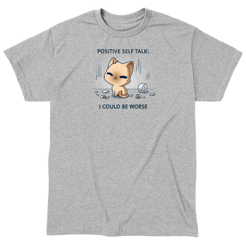 Men's Premium T-Shirt_TeeTurtle light gray I Could Be Worse Men's Premium T-Shirt featuring a content orange cat sitting beside a shattered vase with the text "Positive Self Talk: I Could Be Worse."