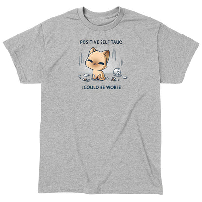 Men's Premium T-Shirt_TeeTurtle light gray I Could Be Worse Men's Premium T-Shirt featuring a content orange cat sitting beside a shattered vase with the text "Positive Self Talk: I Could Be Worse."