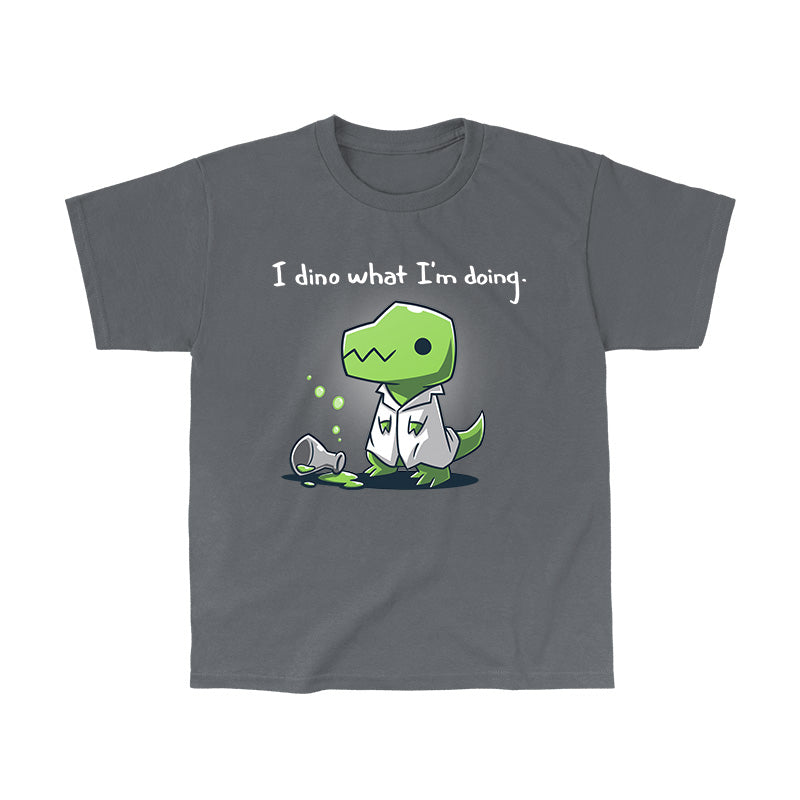 Classic Cotton T-shirt_TeeTurtle I Dino What I'm Doing charcoal grey t-shirt featuring a dinosaur wearing a lab coat with a spilled beaker.