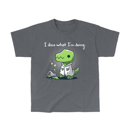 Classic Cotton T-shirt_TeeTurtle I Dino What I'm Doing charcoal grey t-shirt featuring a dinosaur wearing a lab coat with a spilled beaker.