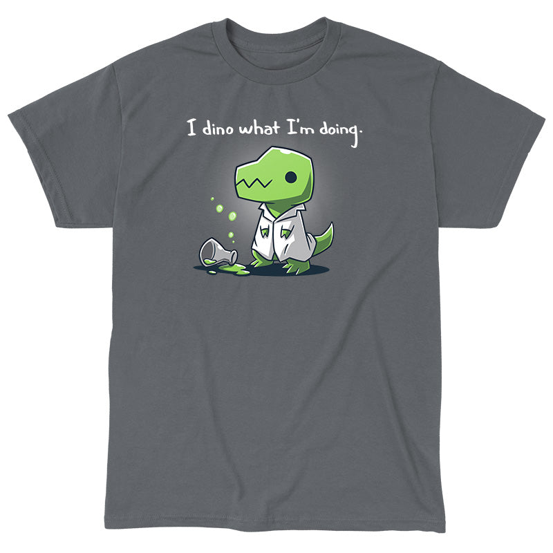 Classic Cotton T-shirt_TeeTurtle I Dino What I'm Doing charcoal grey t-shirt featuring a dinosaur wearing a lab coat with a spilled beaker.