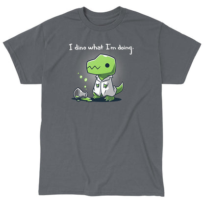 Classic Cotton T-shirt_TeeTurtle I Dino What I'm Doing charcoal grey t-shirt featuring a dinosaur wearing a lab coat with a spilled beaker.