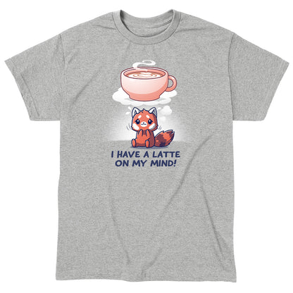 Classic Cotton T-shirt_Teeturtle I Have a Latte on My Mind heather gray t-shirt featuring a cute red panda with a thought bubble showing a latte and the text "I have a latte on my mind!"