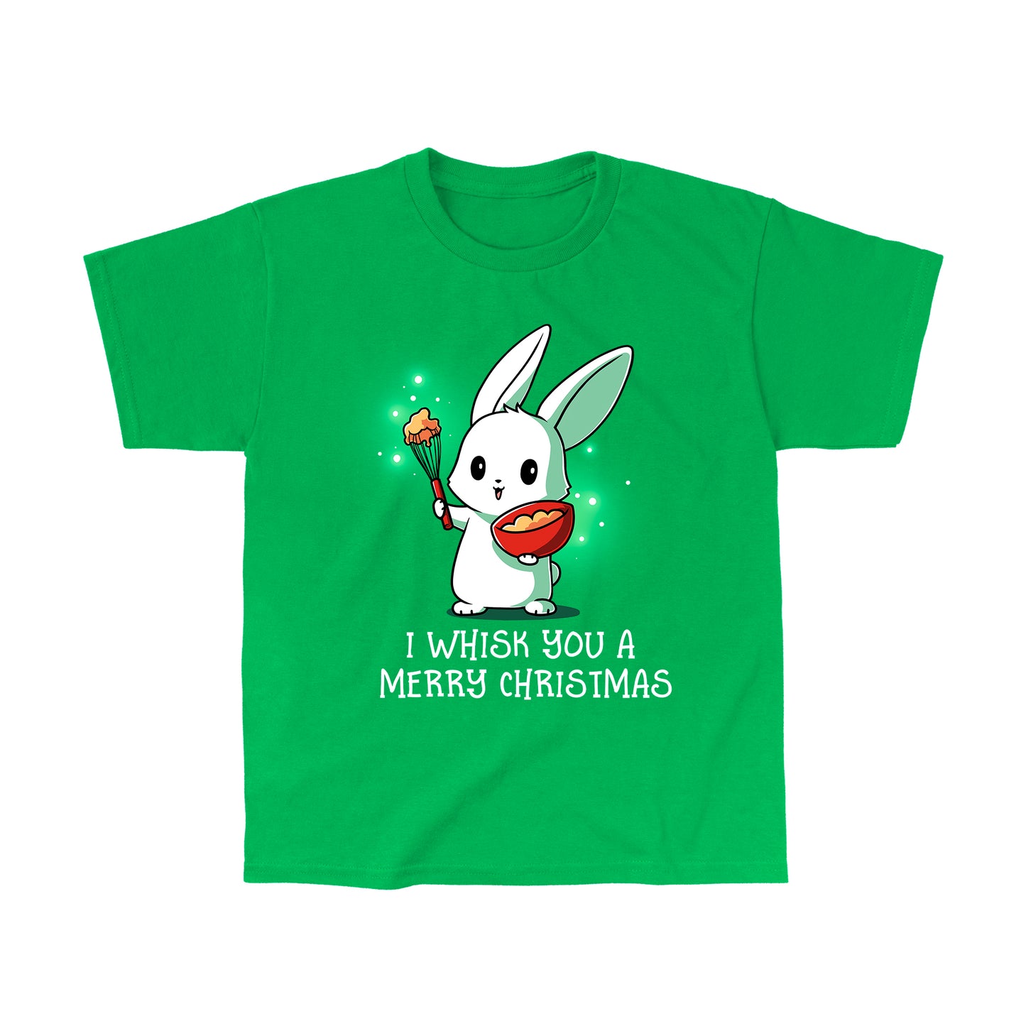 Classic Cotton T-shirt_TeeTurtle I Whisk You a Merry Christmas irish green  t-shirt featuring a bunny holding a bowl and whisk with a holiday pun beneath it.