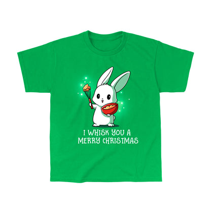 Classic Cotton T-shirt_TeeTurtle I Whisk You a Merry Christmas irish green  t-shirt featuring a bunny holding a bowl and whisk with a holiday pun beneath it.