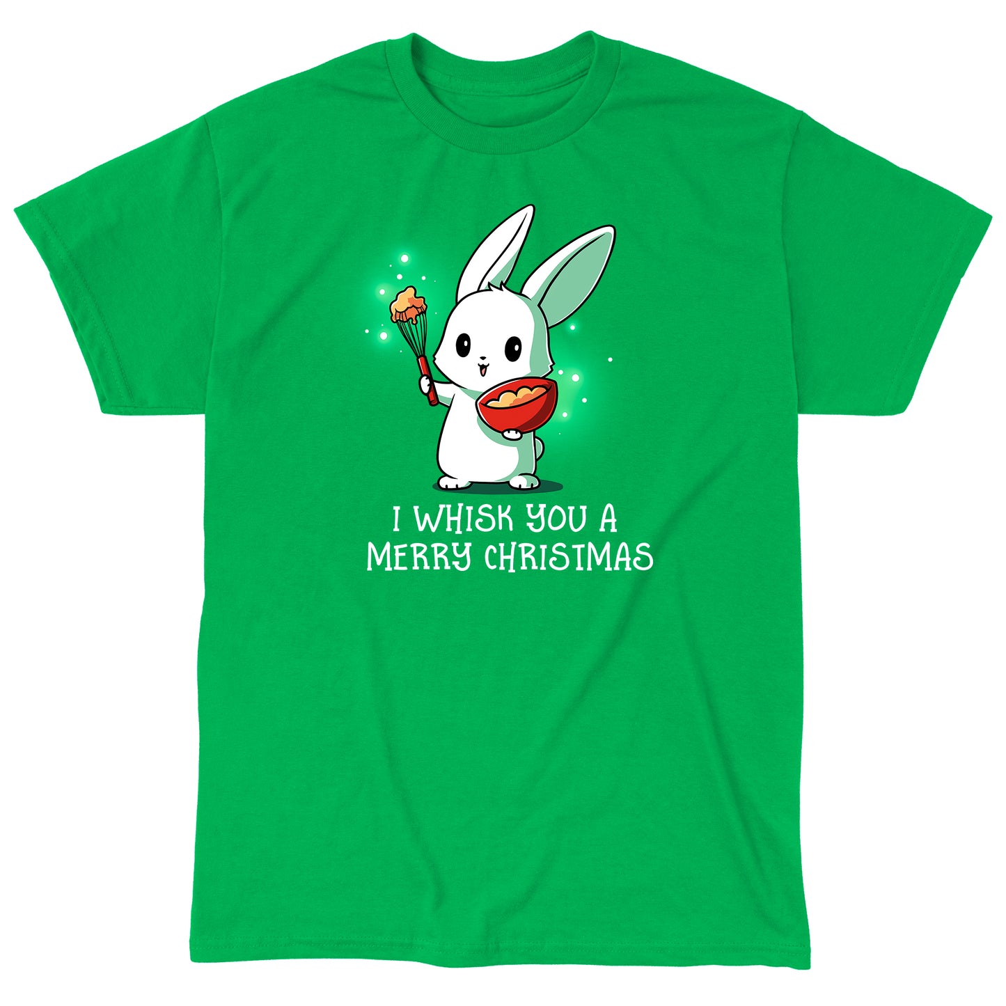 Classic Cotton T-shirt_TeeTurtle I Whisk You a Merry Christmas irish green  t-shirt featuring a bunny holding a bowl and whisk with a holiday pun beneath it.