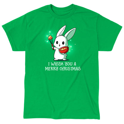 Classic Cotton T-shirt_TeeTurtle I Whisk You a Merry Christmas irish green  t-shirt featuring a bunny holding a bowl and whisk with a holiday pun beneath it.