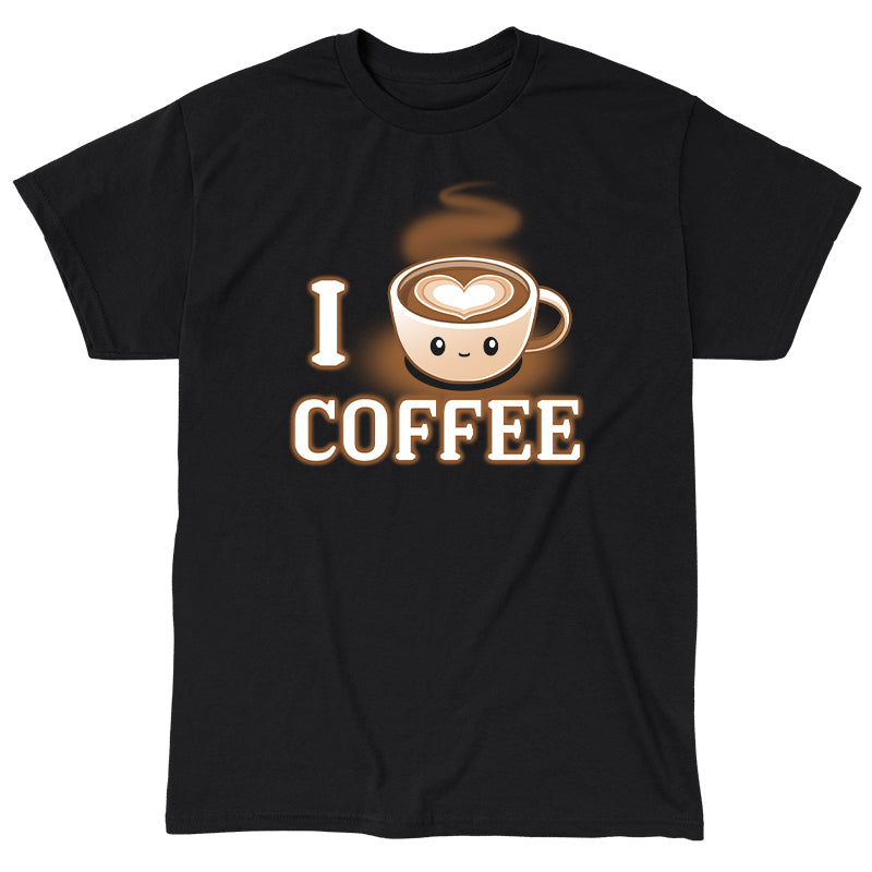 Classic Cotton T-shirt_TeeTurtle I <3 Coffee black t-shirt featuring a coffee cup with a smiling face and a heart-shaped design in the foam, accompanied by the text "I <3 Coffee."