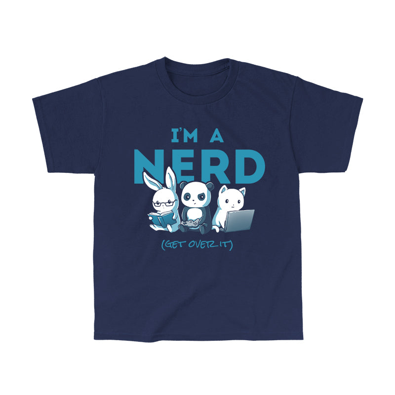 Classic Cotton T-shirt_TeeTurtle navy blue I'm A Nerd. Featuring a bunny, panda, and cat respectively reading, playing a video game, and typing on a laptop.