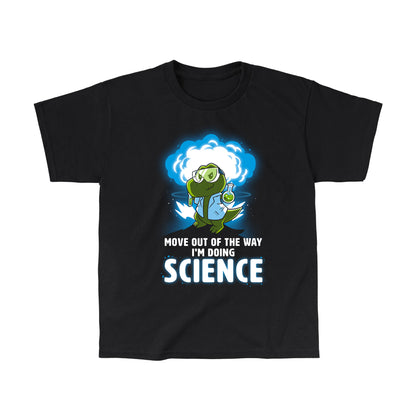 Classic Cotton T-shirt_TeeTurtle black I'm Doing SCIENCE. Featuring a t-rex in a lab coat and safety glasses holding a beaker and explosion in the background.