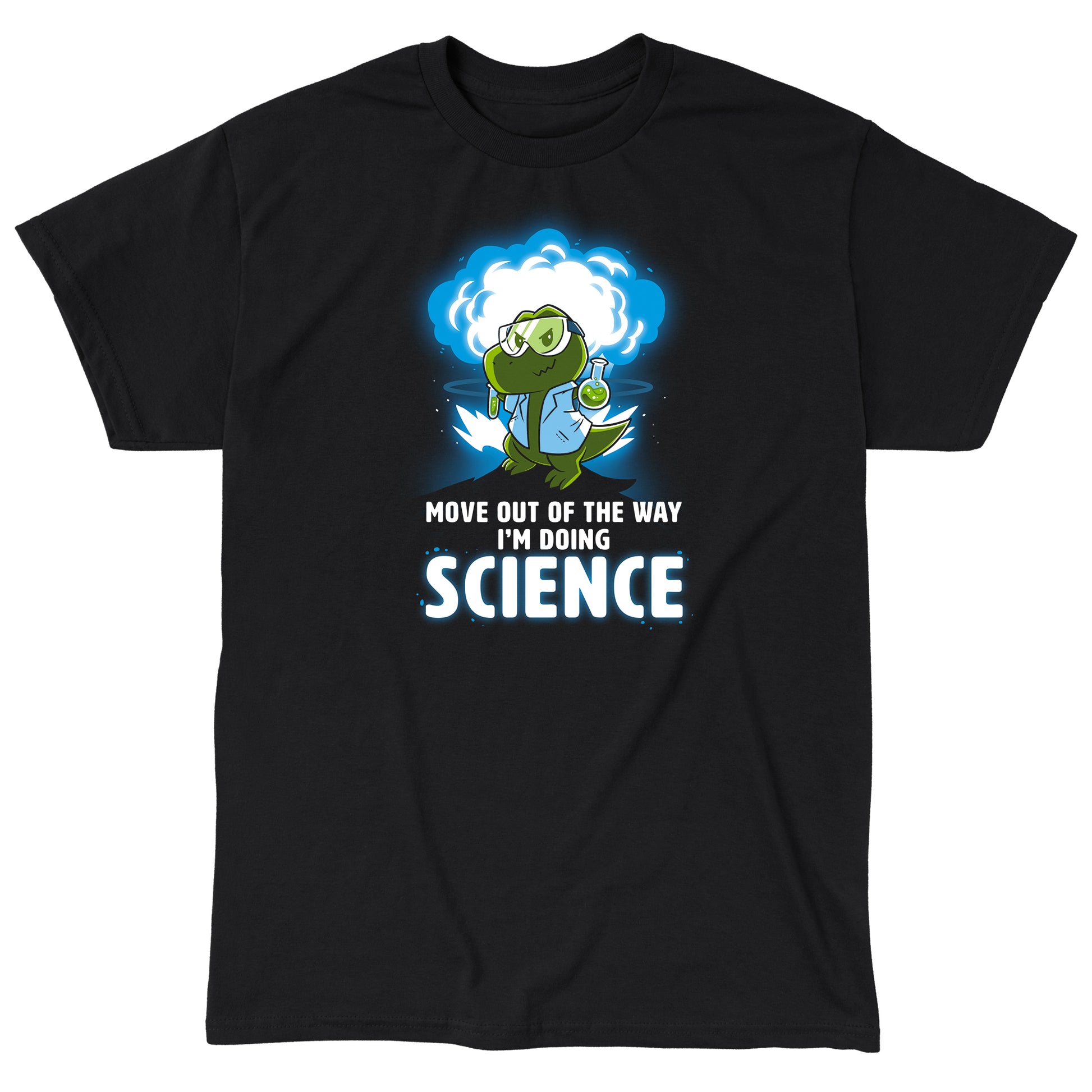 Classic Cotton T-shirt_TeeTurtle black I'm Doing SCIENCE. Featuring a t-rex in a lab coat and safety glasses holding a beaker and explosion in the background.