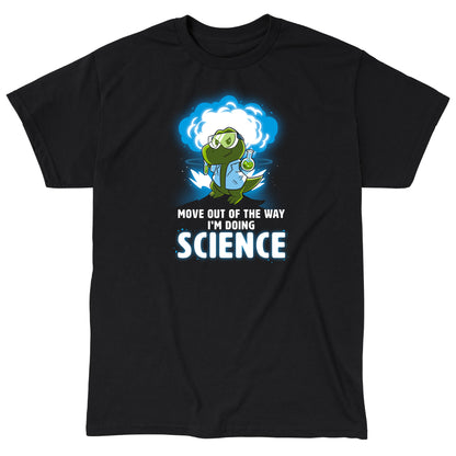 Classic Cotton T-shirt_TeeTurtle black I'm Doing SCIENCE. Featuring a t-rex in a lab coat and safety glasses holding a beaker and explosion in the background.