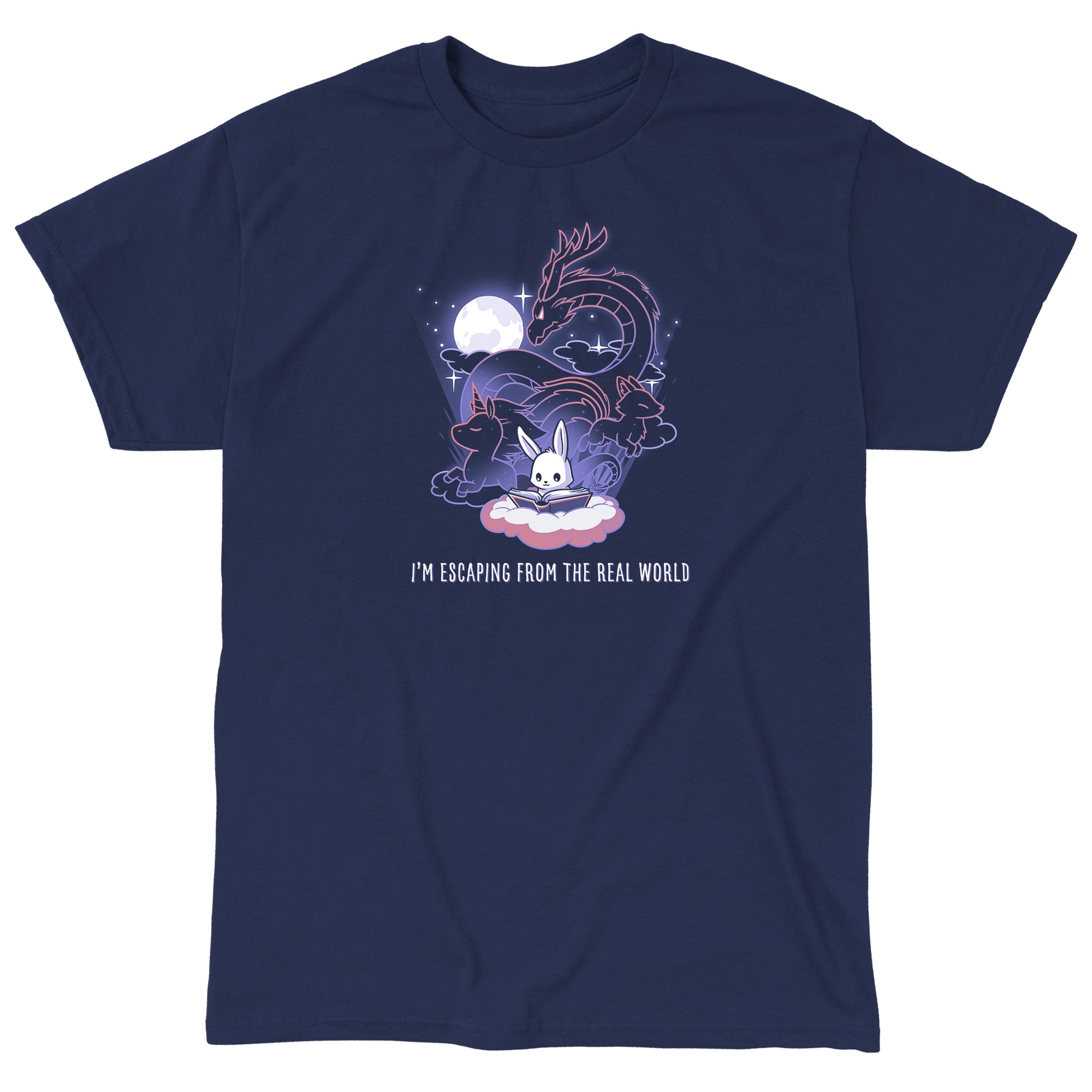 Classic Cotton T-shirt_TeeTurtle I'm Escaping from the Real World navy blue t-shirt featuring a bunny reading a book with a dragon, unicorn, and kitsune behind it.