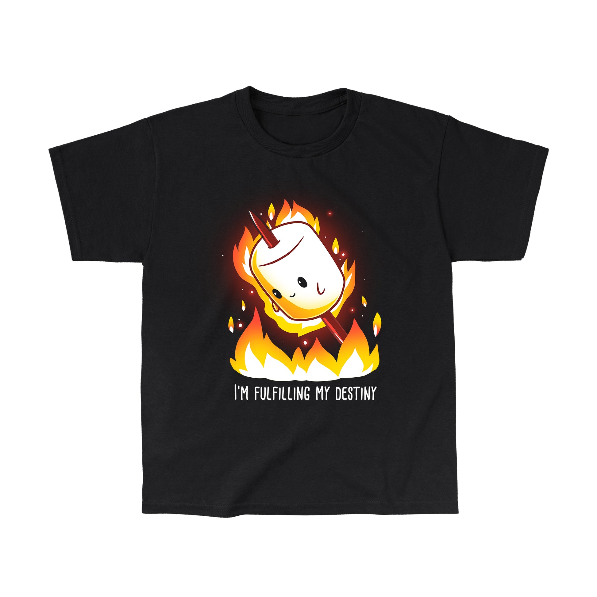 Classic Cotton T-shirt_TeeTurtle I'm Fulfilling My Destiny black t-shirt featuring a cheerful marshmallow on a stick is surrounded by flames with the caption "I'm Fulfilling My Destiny" below in this food design. 