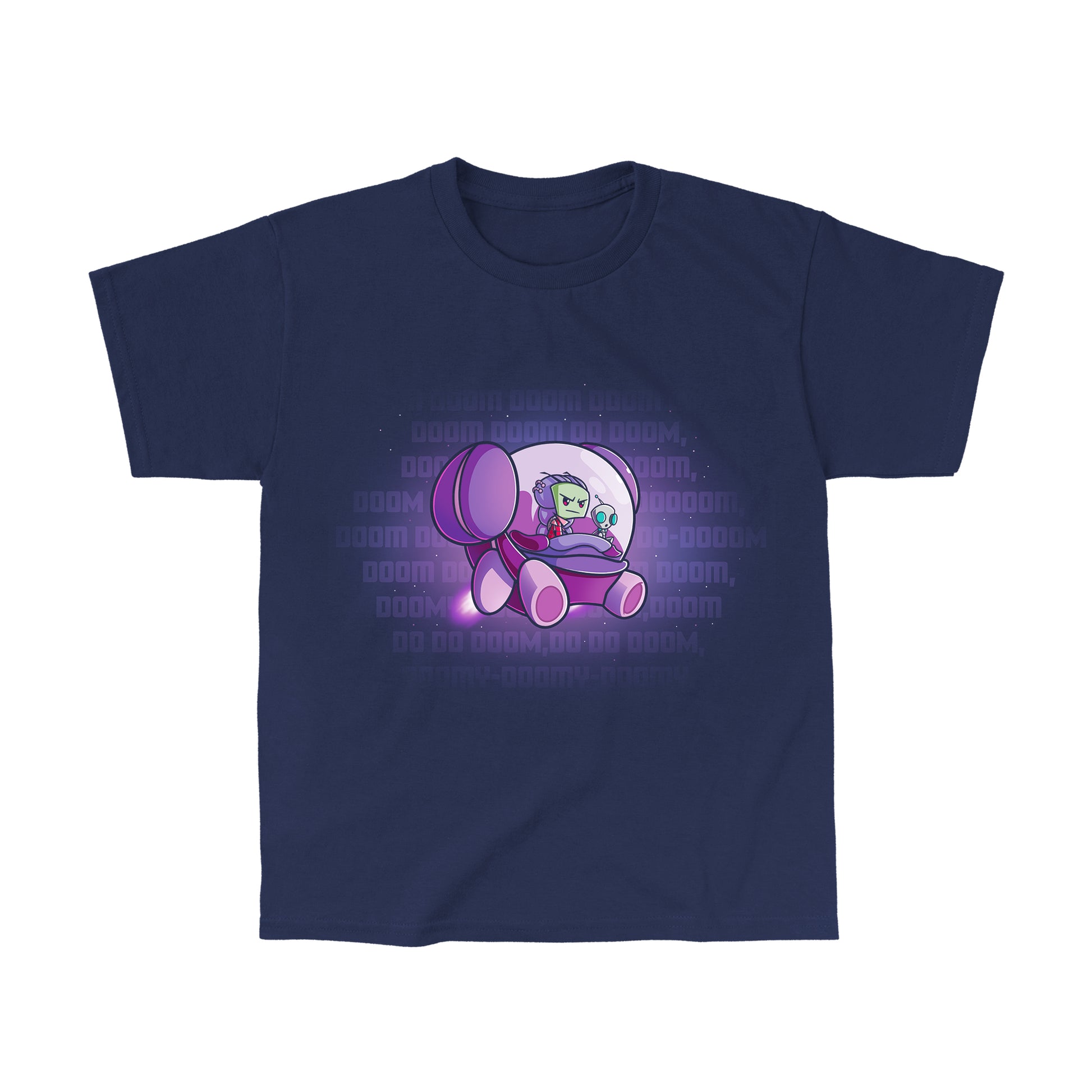 Classic Cotton T-shirt_TeeTurtle navy blue The Doom Song apparel featuring Invader Zim and Gir in a spaceship with Gir singing the Doom Song.