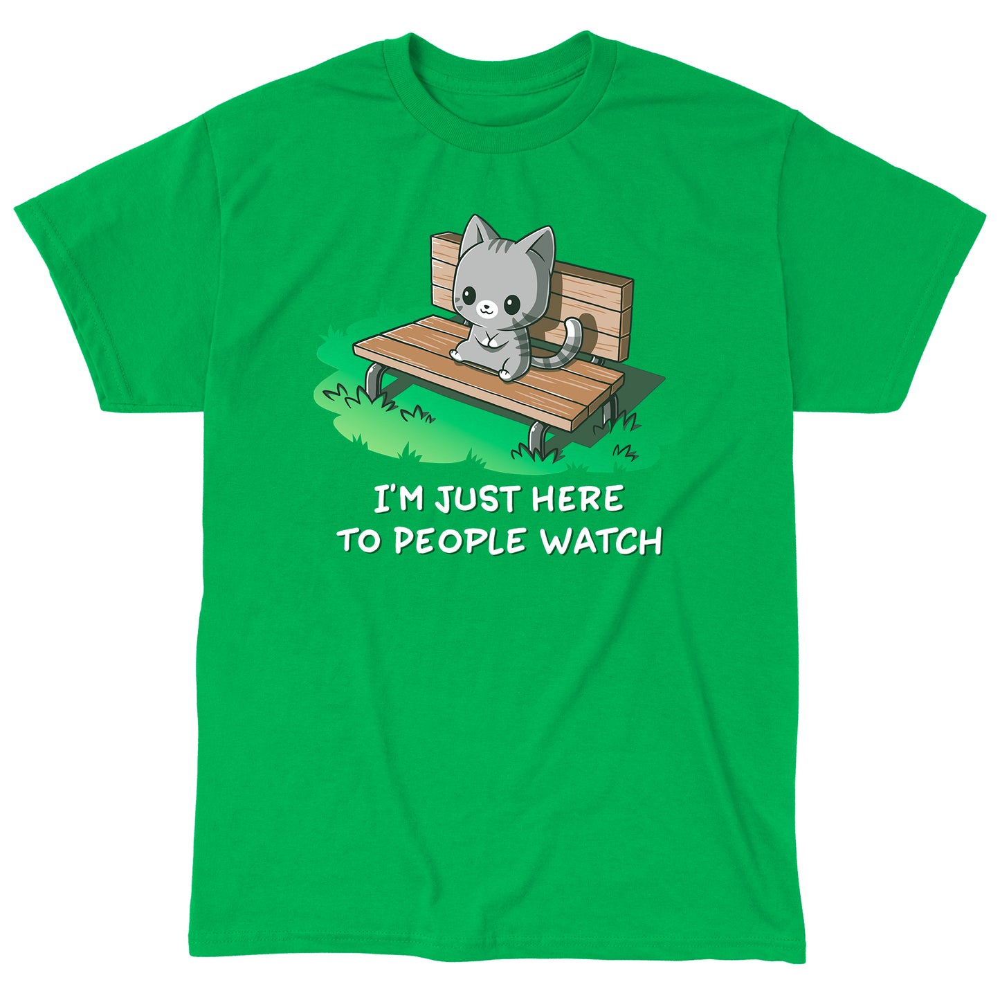 Classic Cotton T-shirt_TeeTurtle I'm Just Here to People Watch Irish green t-shirt featuring an illustration of a cute gray cartoon cat sitting on a bench in the grass, accompanied by the text "I'M JUST HERE TO PEOPLE WATCH" written below. 