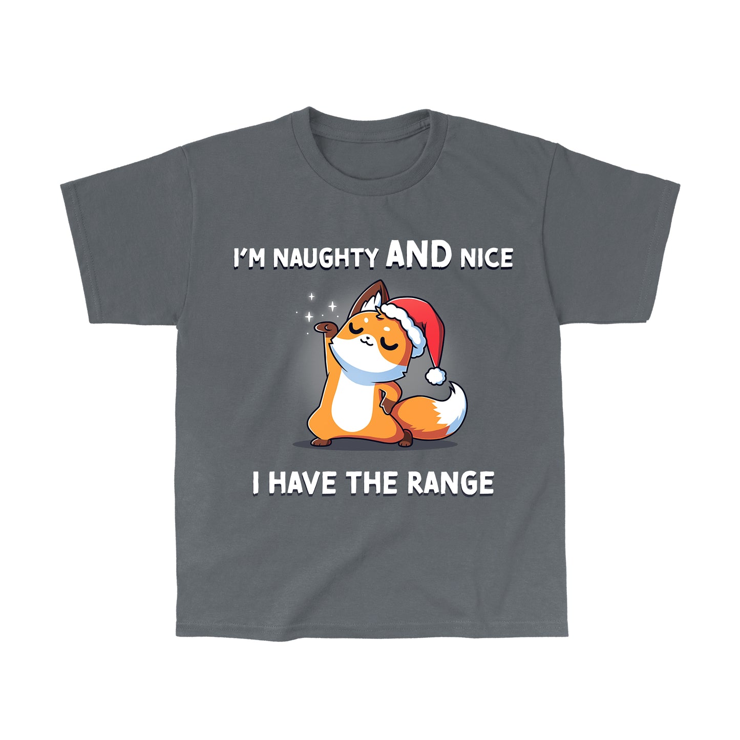 Classic Cotton T-shirt_TeeTurtle charcoal gray I Have the Range apparel featuring a sassy fox wearing a Santa hat.