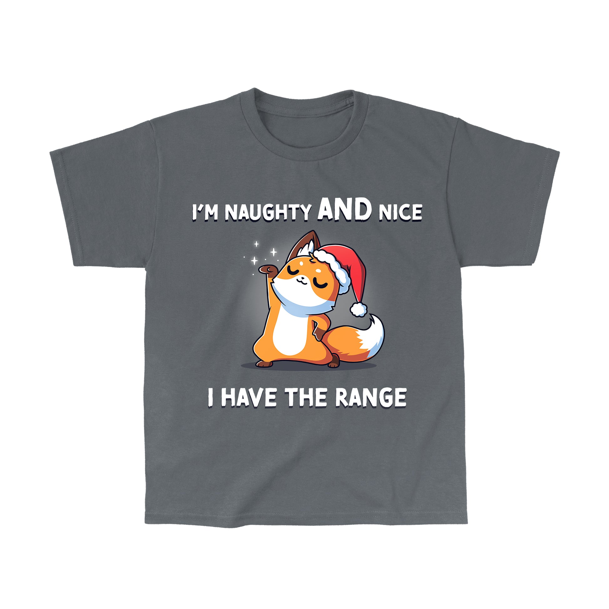 Classic Cotton T-shirt_TeeTurtle charcoal gray I Have the Range apparel featuring a sassy fox wearing a Santa hat.