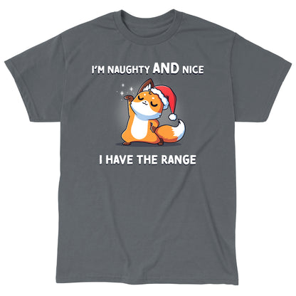 Classic Cotton T-shirt_TeeTurtle charcoal gray I Have the Range apparel featuring a sassy fox wearing a Santa hat.