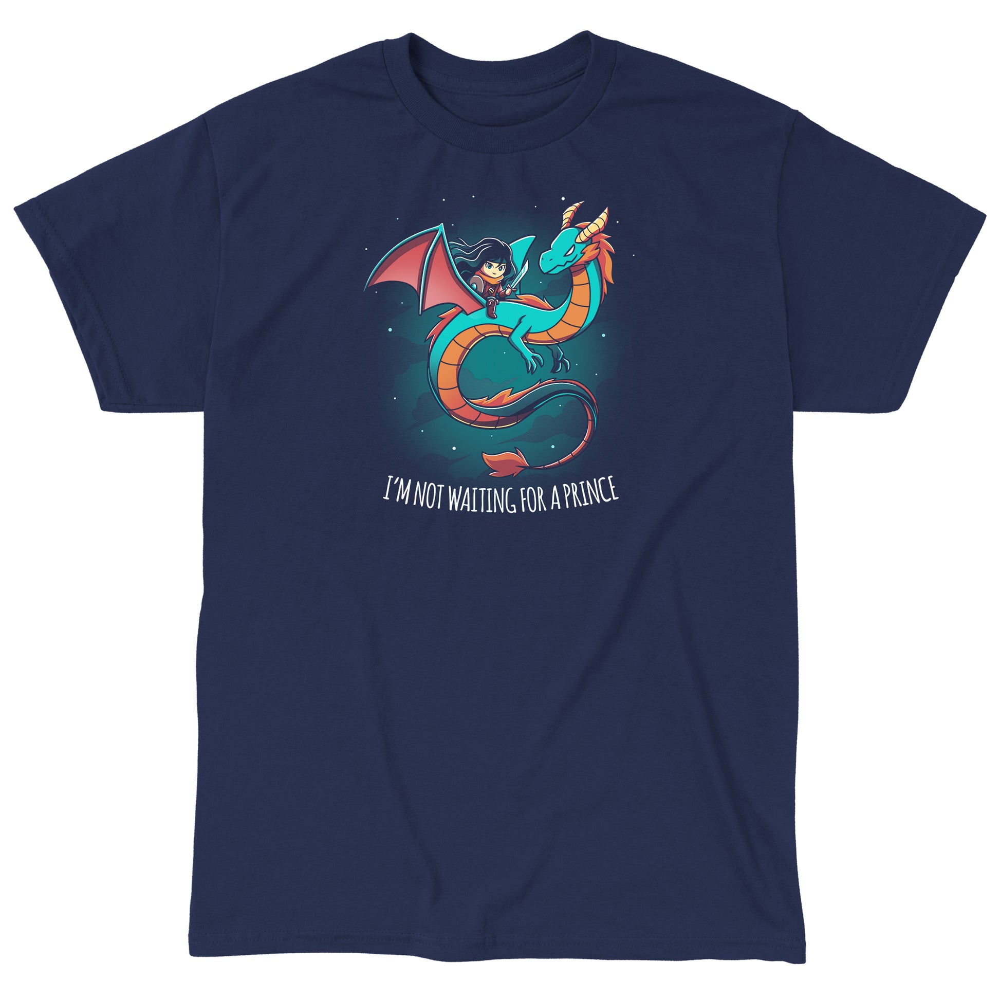 Classic Cotton T-shirt_TeeTurtle I'm Not Waiting for a Prince navy blue t-shirt featuring a woman with a sword riding a dragon.