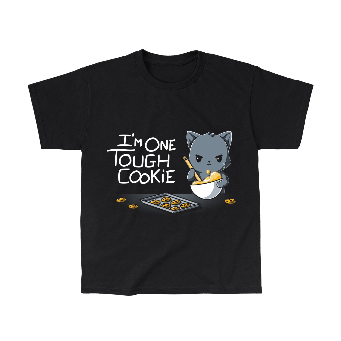 Classic Cotton T-shirt_TeeTurtle I'm One Tough Cookie black t-shirt featuring a tough cat baking cookies.