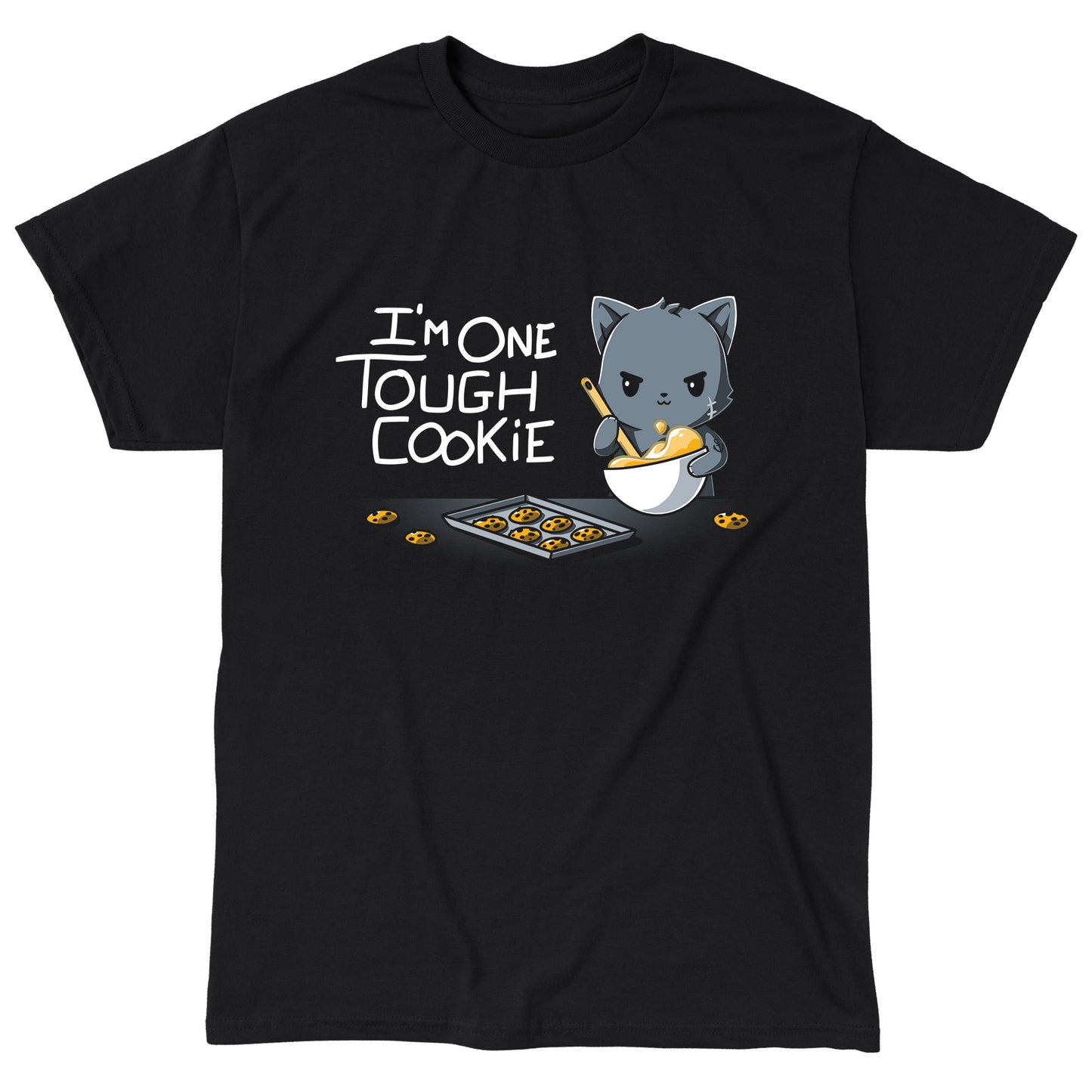 Classic Cotton T-shirt_TeeTurtle I'm One Tough Cookie black t-shirt featuring a tough cat baking cookies.