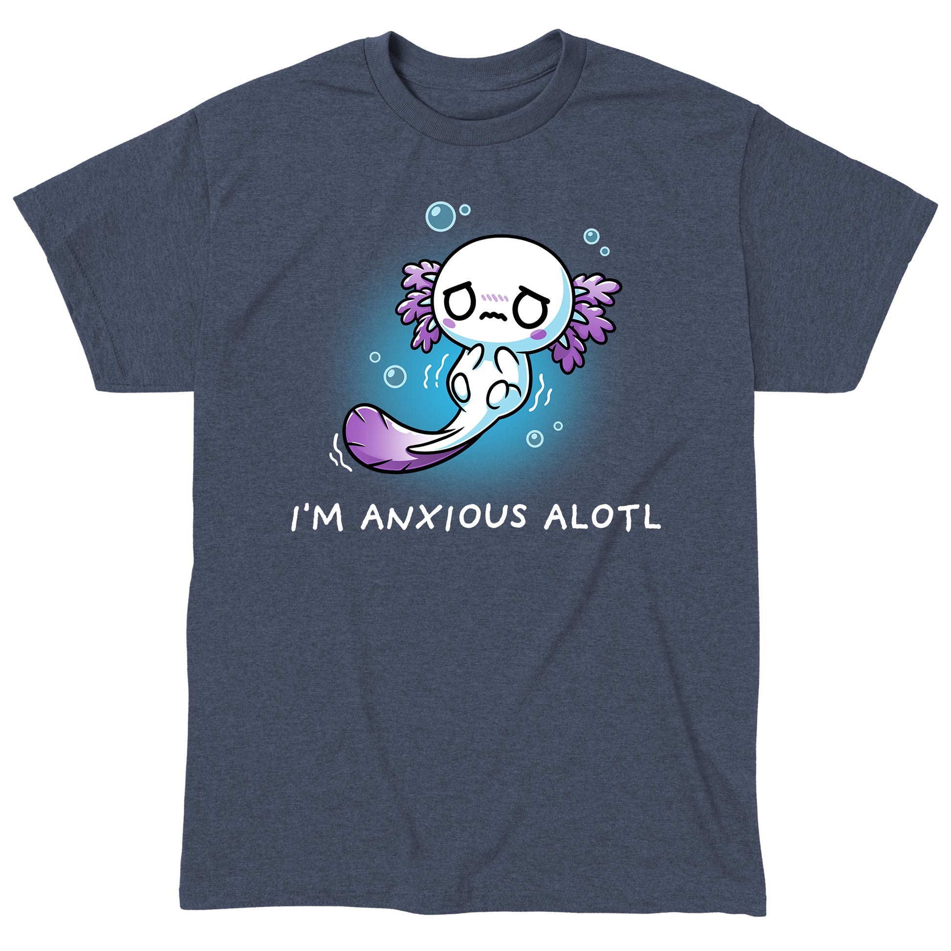 Classic Cotton T-shirt_TeeTurtle I'm Anxious Alotl heather navy blue t-shirt featuring an axolotl with a worried expression, surrounded by bubbles.