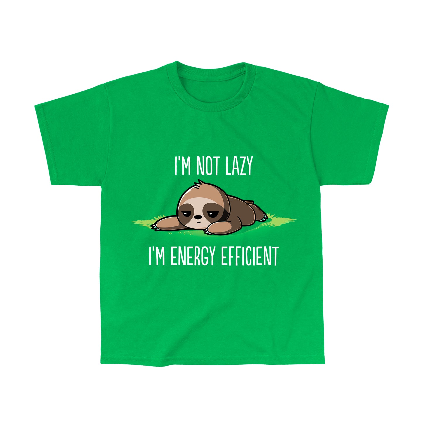 Classic Cotton T-shirt_TeeTurtle I'm Energy Efficient irish green  t-shirt featuring a sleepy sloth lying on the ground.