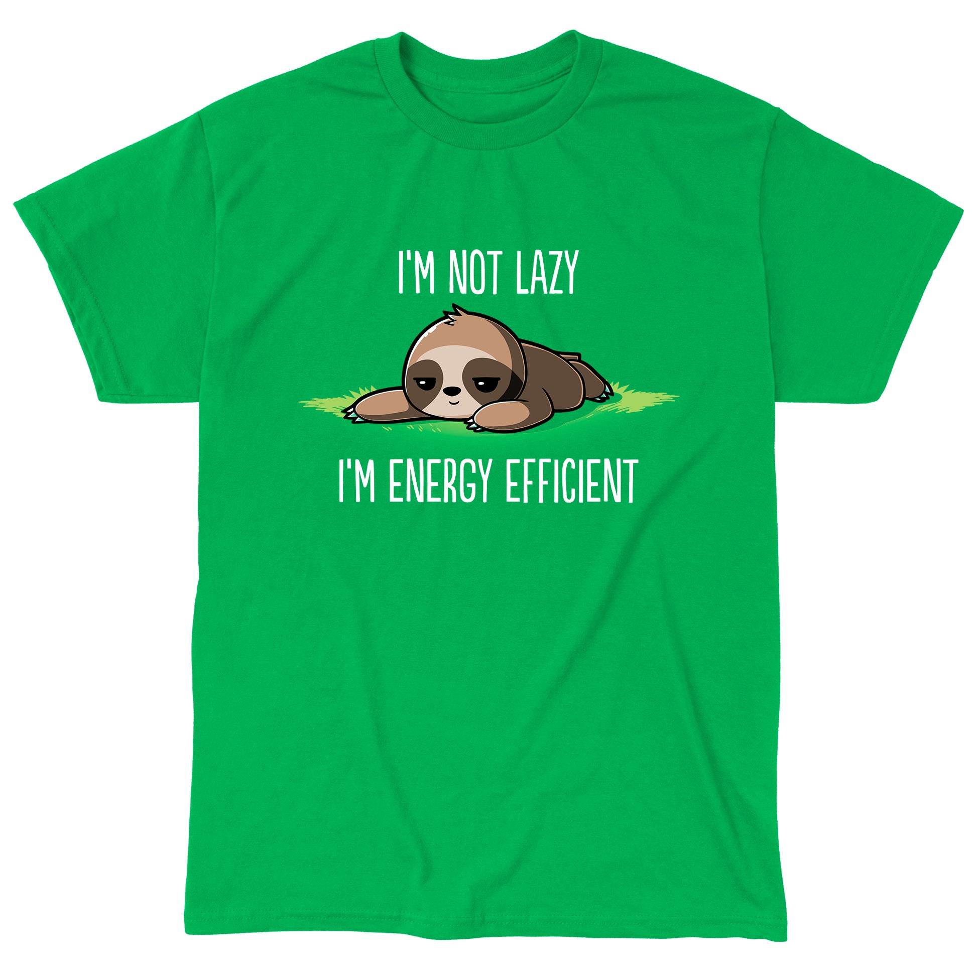 Classic Cotton T-shirt_TeeTurtle I'm Energy Efficient irish green  t-shirt featuring a sleepy sloth lying on the ground.