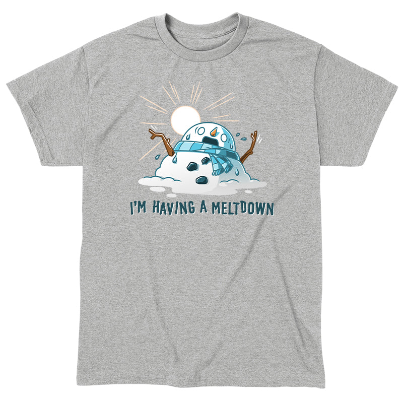 Classic Cotton T-shirt_TeeTurtle I'm Having a Meltdown heather gray t-shirt featuring a melting snowman with a distressed expression under a hot sun, wearing a scarf. The text below reads "I'm Having a Meltdown."