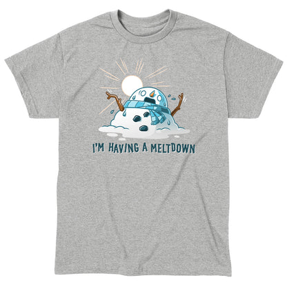 Classic Cotton T-shirt_TeeTurtle I'm Having a Meltdown heather gray t-shirt featuring a melting snowman with a distressed expression under a hot sun, wearing a scarf. The text below reads "I'm Having a Meltdown."