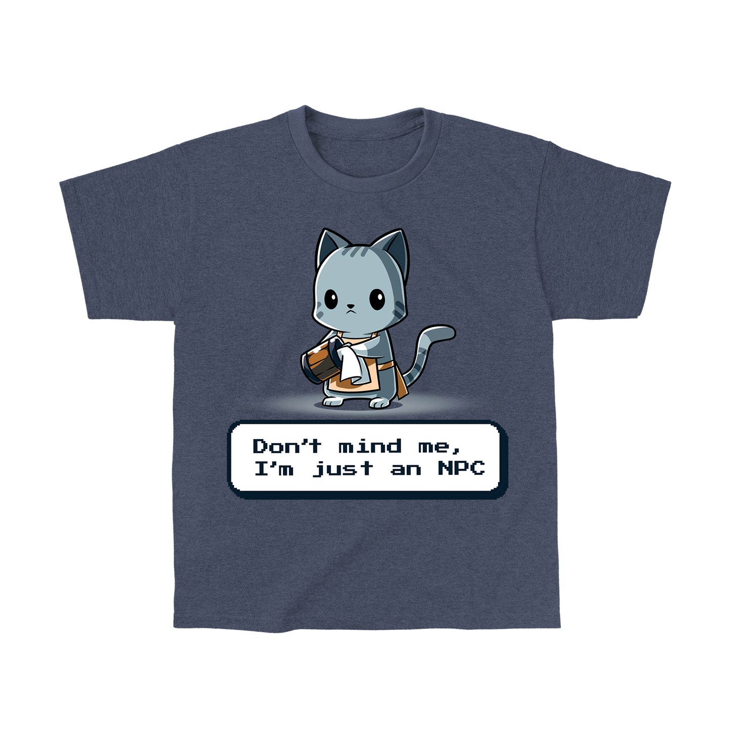 Classic Cotton T-shirt_TeeTurtle I'm Just An NPC heather navy blue t-shirt featuring a cat holding a mug and wearing an apron.