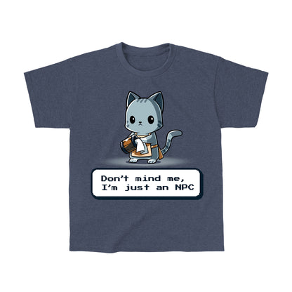 Classic Cotton T-shirt_TeeTurtle I'm Just An NPC heather navy blue t-shirt featuring a cat holding a mug and wearing an apron.