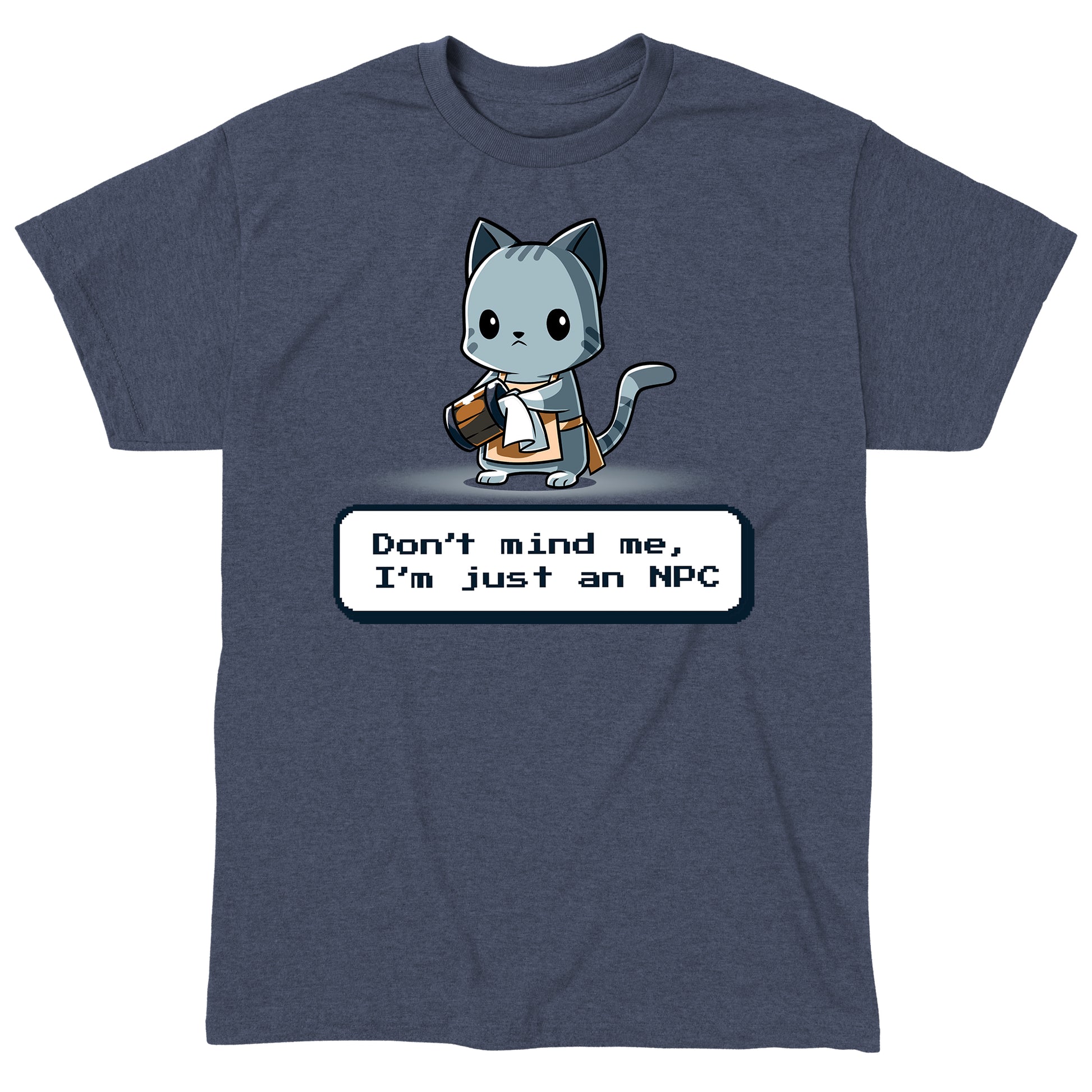 Classic Cotton T-shirt_TeeTurtle I'm Just An NPC heather navy blue t-shirt featuring a cat holding a mug and wearing an apron.