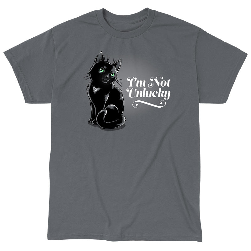 Classic Cotton T-shirt_TeeTurtle I'm not Unlucky charcoal gray t-shirt featuring a black cat with green eyes sitting.