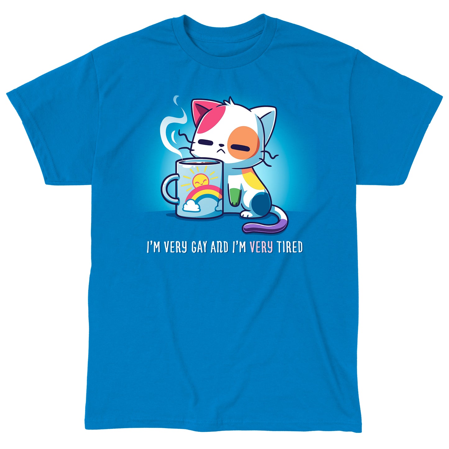 Classic Cotton T-shirt_TeeTurtle I'm Very Gay And Very Tired Sapphire Blue t-shirt featuring a cartoon cat with colorful patches holds a steaming cup featuring a rainbow and the sun. Text below reads, "I'm Very Gay and Very Tired" 