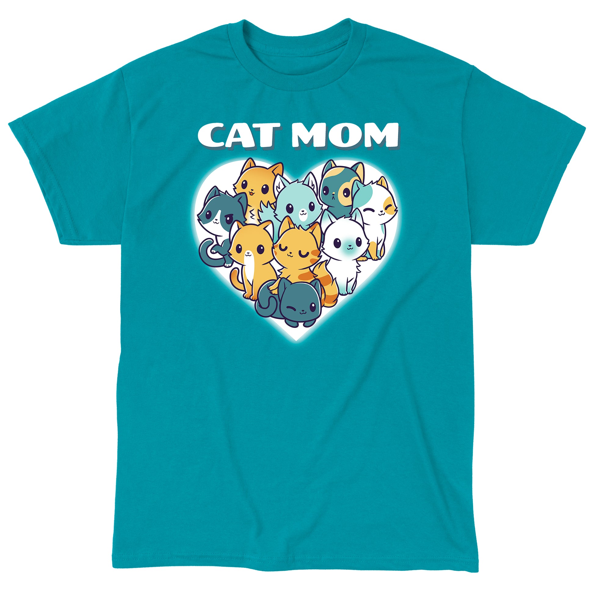 Classic Cotton T-shirt_TeeTurtle Cat Mom Tropical Blue t-shirt featuring a bunch of different fur patterned cats in the shape of a heart.