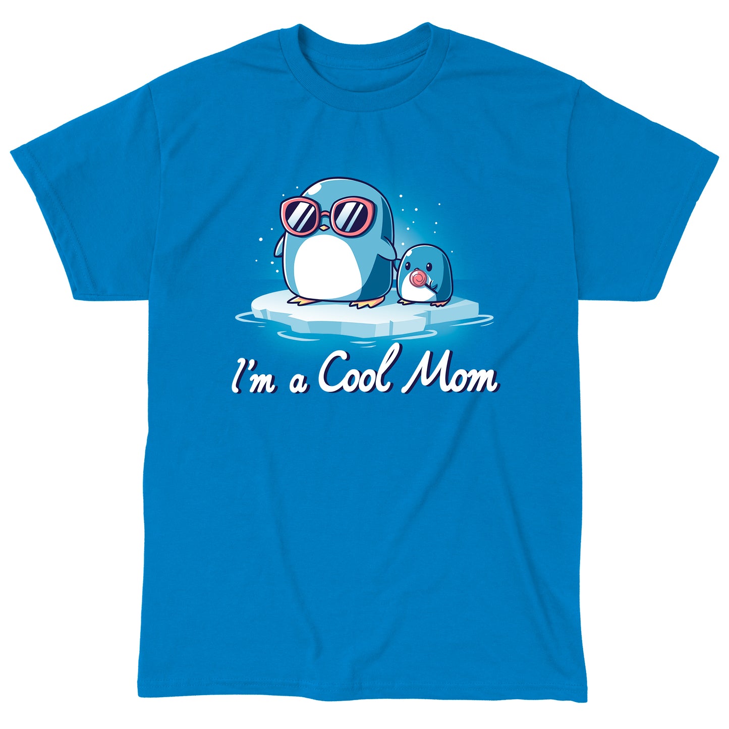 Classic Cotton T-shirt_TeeTurtle I'm a Cool Mom sapphire blue t-shirt featuring two penguins on ice, one wearing sunglasses.