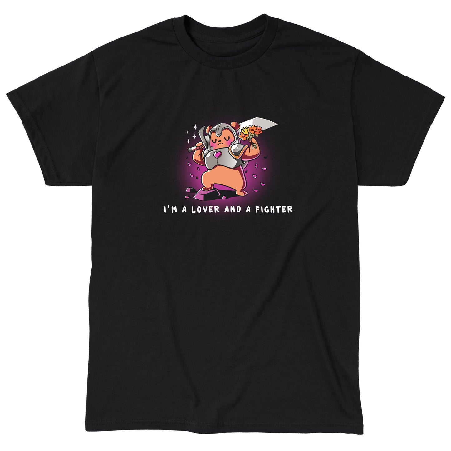 Classic Cotton T-shirt_TeeTurtle I'm a Lover and a Fighter Black t-shirt featuring a bear wearing armor, holding a sword and a bouquet of flowers.