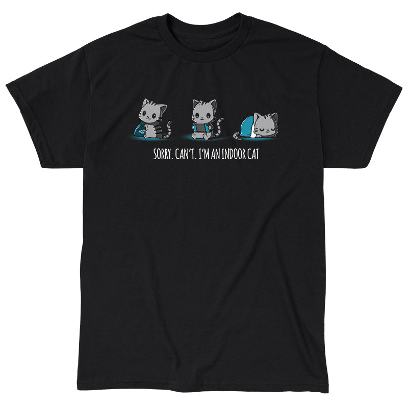 Classic Cotton T-shirt_TeeTurtle I'm an Indoor Cat black t-shirt featuring three gray cats one eating chips, one playing video games, one sleeping